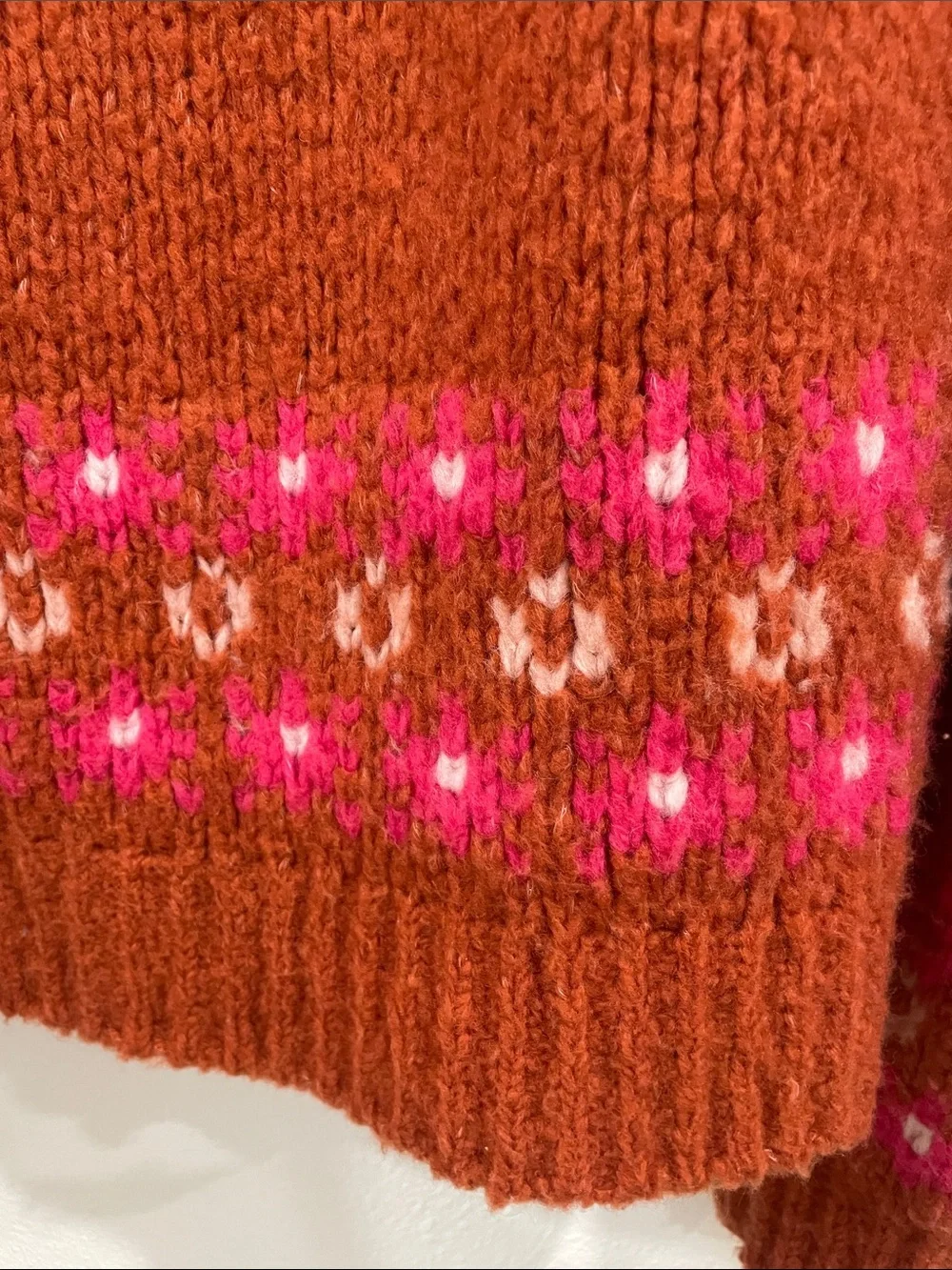 Anthropologie Swan Intarsia Zip Cardigan Rust Wool Blend Novelty Sweater Jacket - Picture 14 of 16